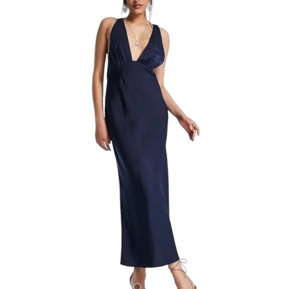 ASOS DESIGN Bias Cut Plunge Satin Midi
Dress Racer Back Navy Blue Size 8 Party - Picture 1 of 10